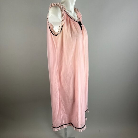 Vtg 60s Perlon Pink Black Polka Dot Ruffle Babydoll Lingerie Nightgown size 46 - Picture 4 of 7